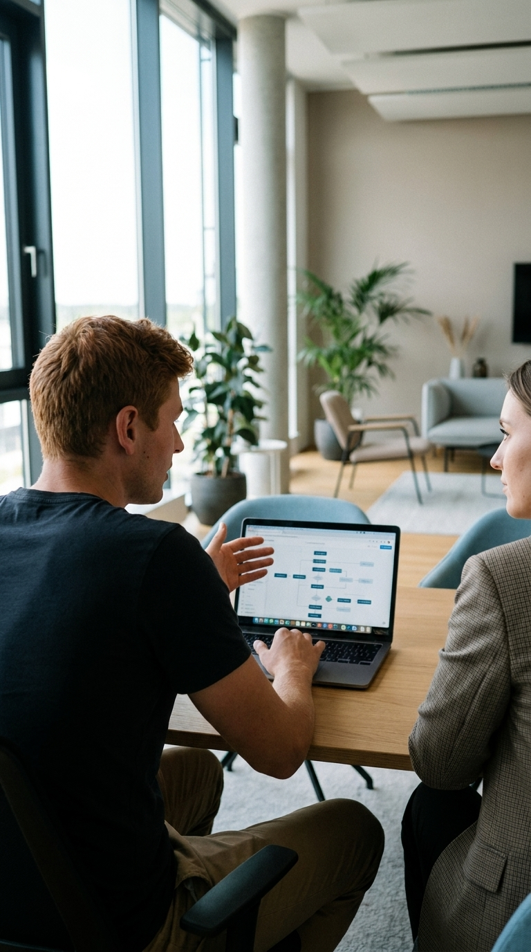 Zwei Personen besprechen die Schritte eines digitalen Workflows