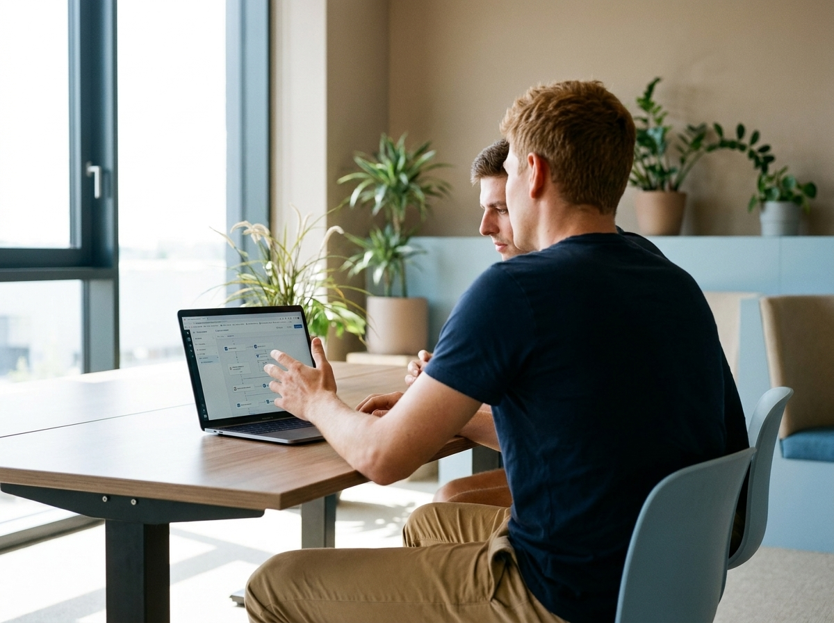 Gemeinsame Besprechung eines digitalen Ablaufs am Laptop